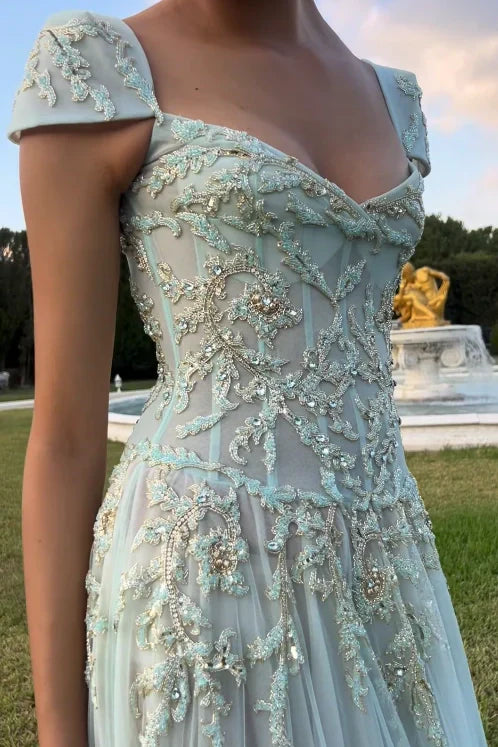 Gorgeous A Line Sweetheart Light Green Long Prom Dress with Appliques AD016