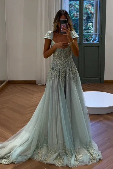 Gorgeous A Line Sweetheart Light Green Long Prom Dress with Appliques AD016