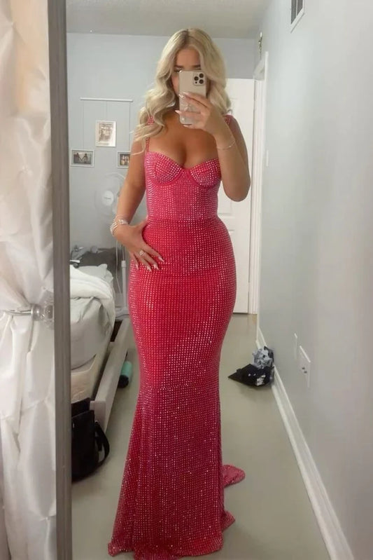 Sparkly Mermaid Sweetheart Red Long Prom Dress with Beading AD017
