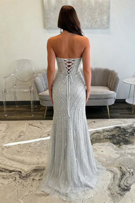 Sparkly Silver Beaded Mermaid Prom Dress with Deep V-Neck and Front Slit AD018
