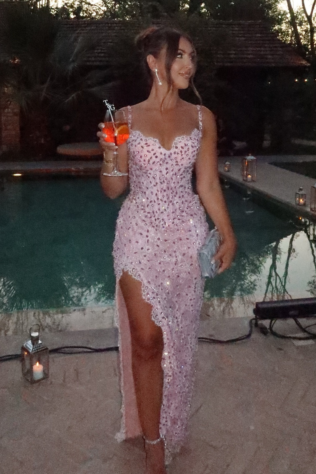 Stunning Sheath Spaghetti Straps Pink Long Party Dress with Lace Beading AD020
