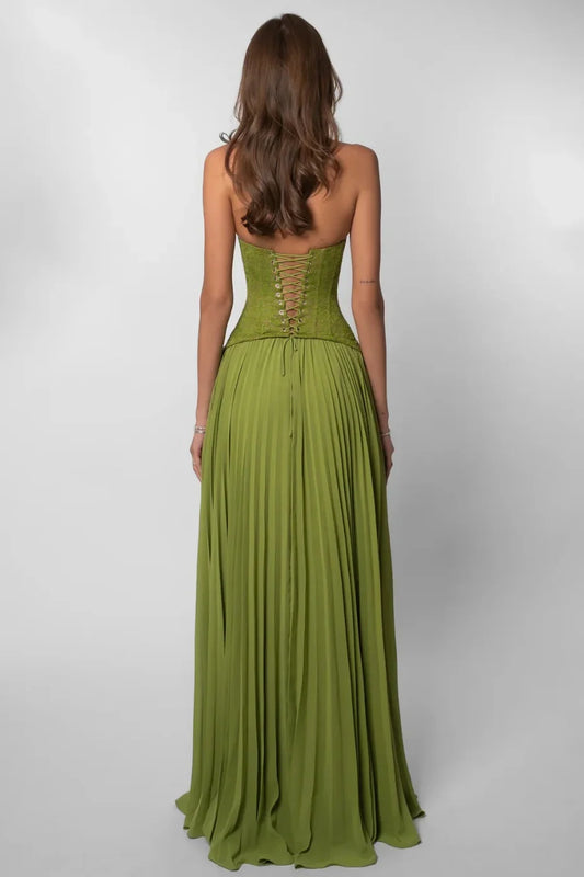 Gorgeous A Line Halter Neck Green Lace Corset Prom Dress with Ruffles AD023