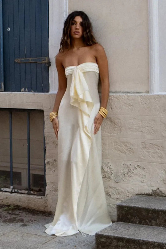 Elegant Strapless Satin Prom Dress with High Slit & Ruffle Layers AD024