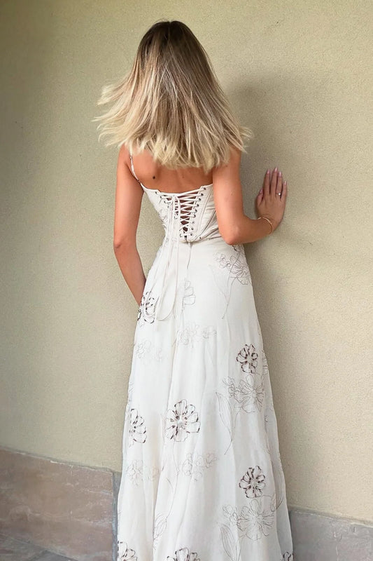 Charming A Line Spaghetti Straps White Long Prom Dress with Beading AD030