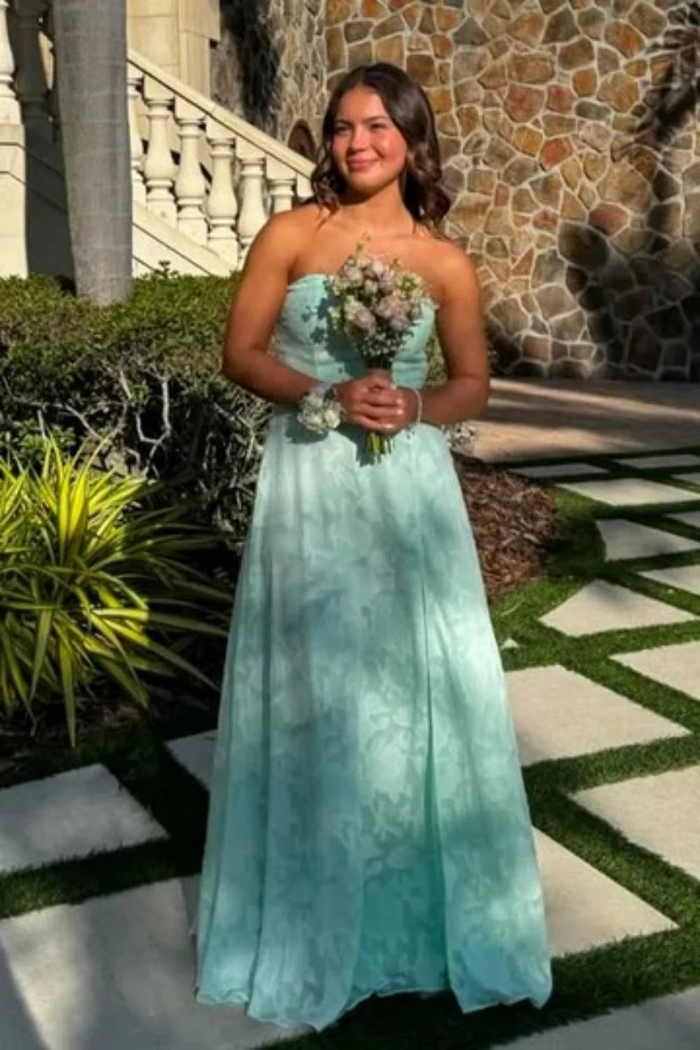 Mint Green Strapless Prom Dress with Front Slit and Textured Fabric AD040