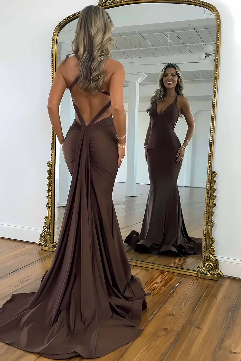 Brown V-Neck Cross Back Long Mermaid Prom Dress AD048