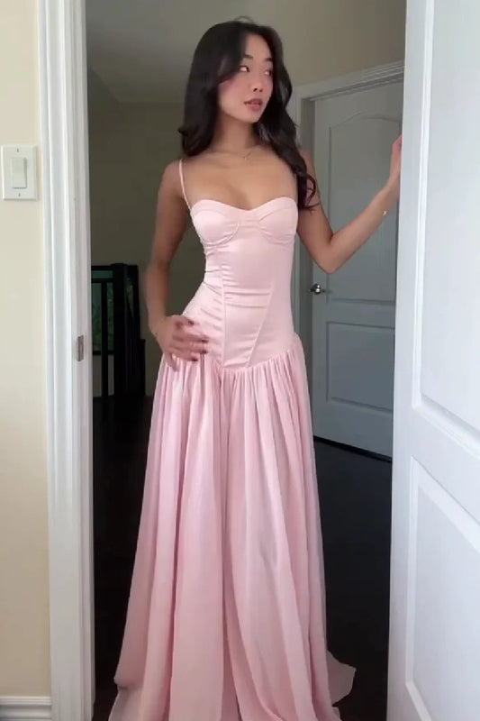 Pretty A Line Spaghetti Straps Pink Corset Prom Dress with Ruffles AD057