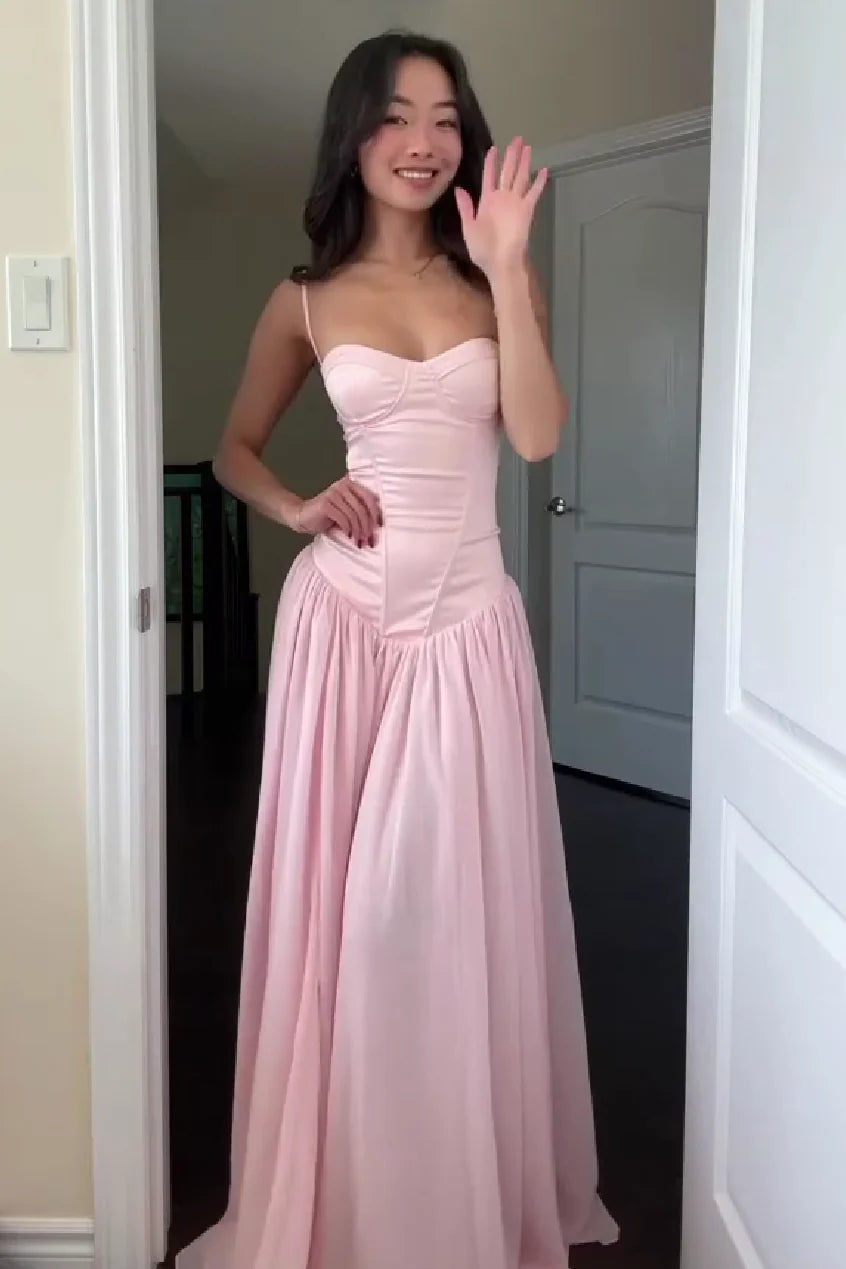 Pretty A Line Spaghetti Straps Pink Corset Prom Dress with Ruffles AD057