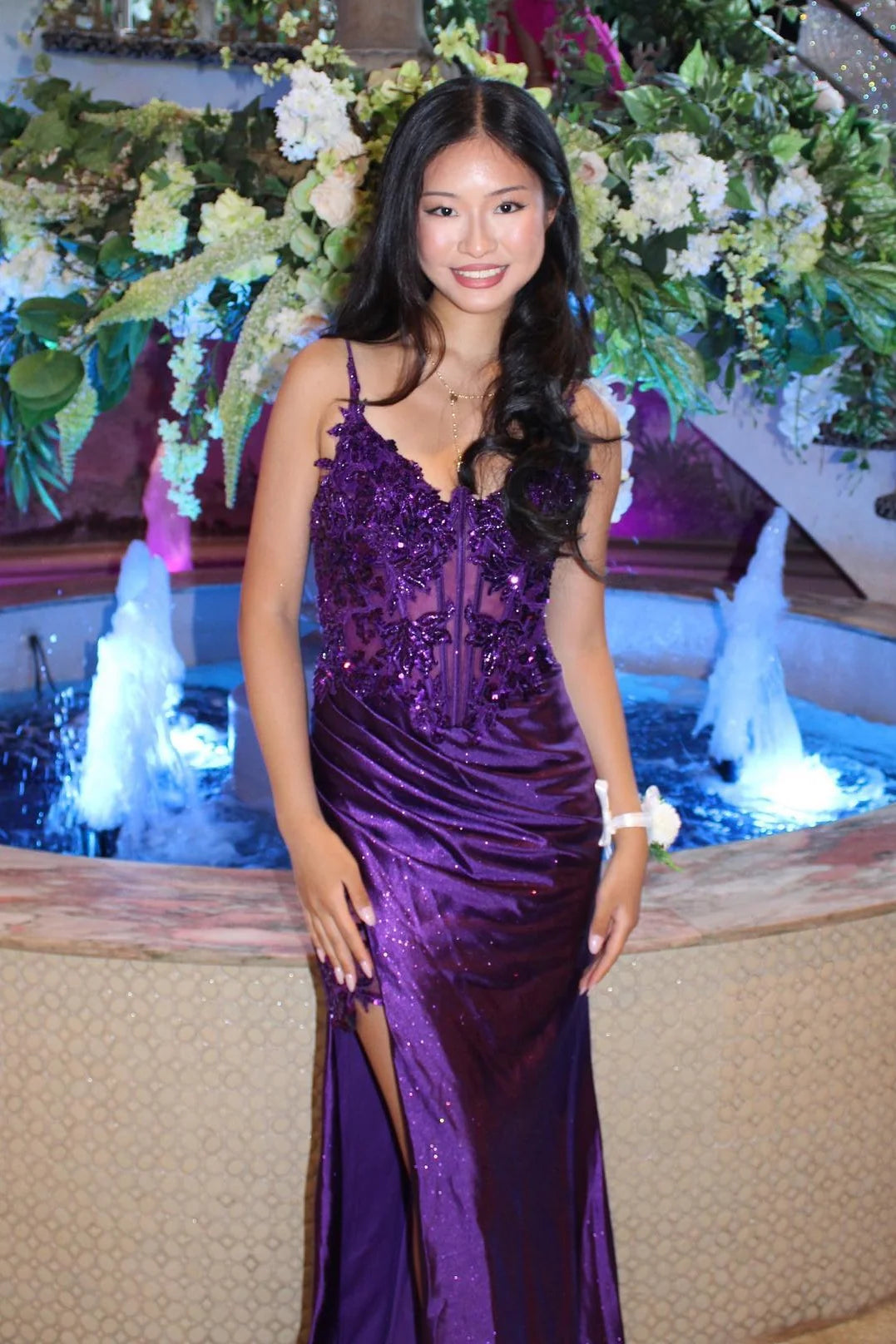 Trendy Mermaid Spaghetti Straps Purple Corset Prom Dress with Appliques AD069