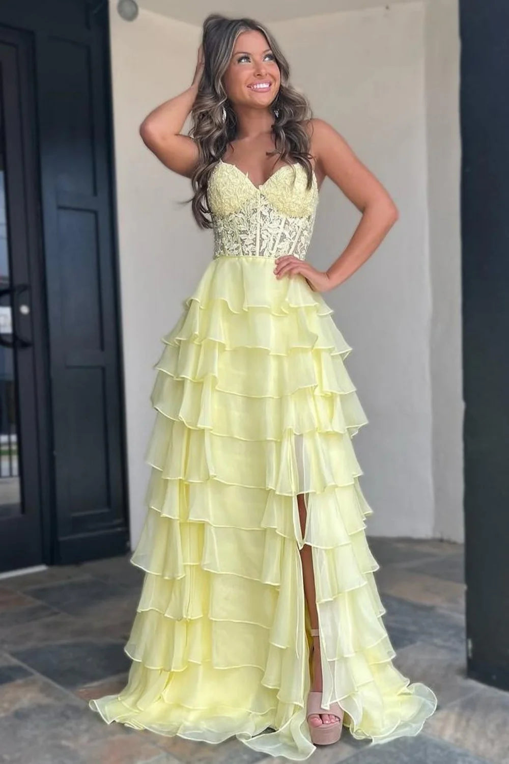 Cute Light Blue A-Line Sweetheart Lace Up Long Tiered Chiffon Prom Dress with Slit AD074
