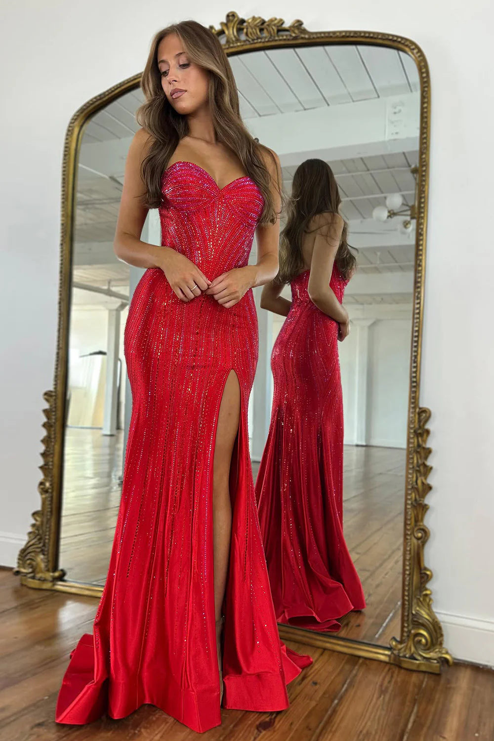 Shimmering Beaded Navy Blue Formal Prom Gown with Sweetheart Neckline AD076