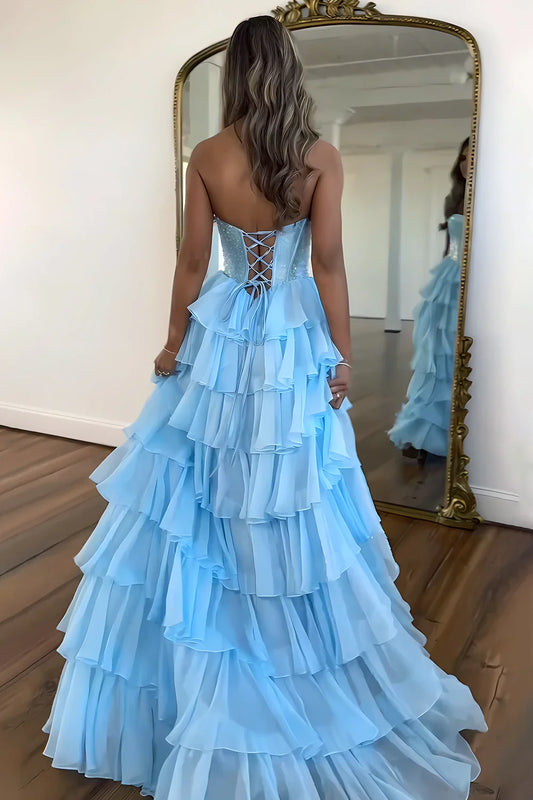 Dark Blue Strapless A Line Prom Dress with Sparkly Layered Chiffon and Side Slit AD079