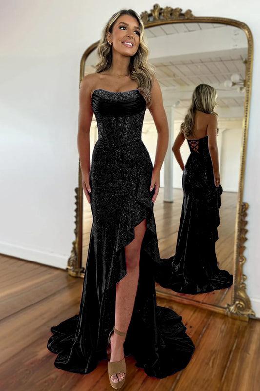 Luxurious Hot Pink Glitter Mermaid Strapless Long Beaded Prom Dress With Leg Slit AD080