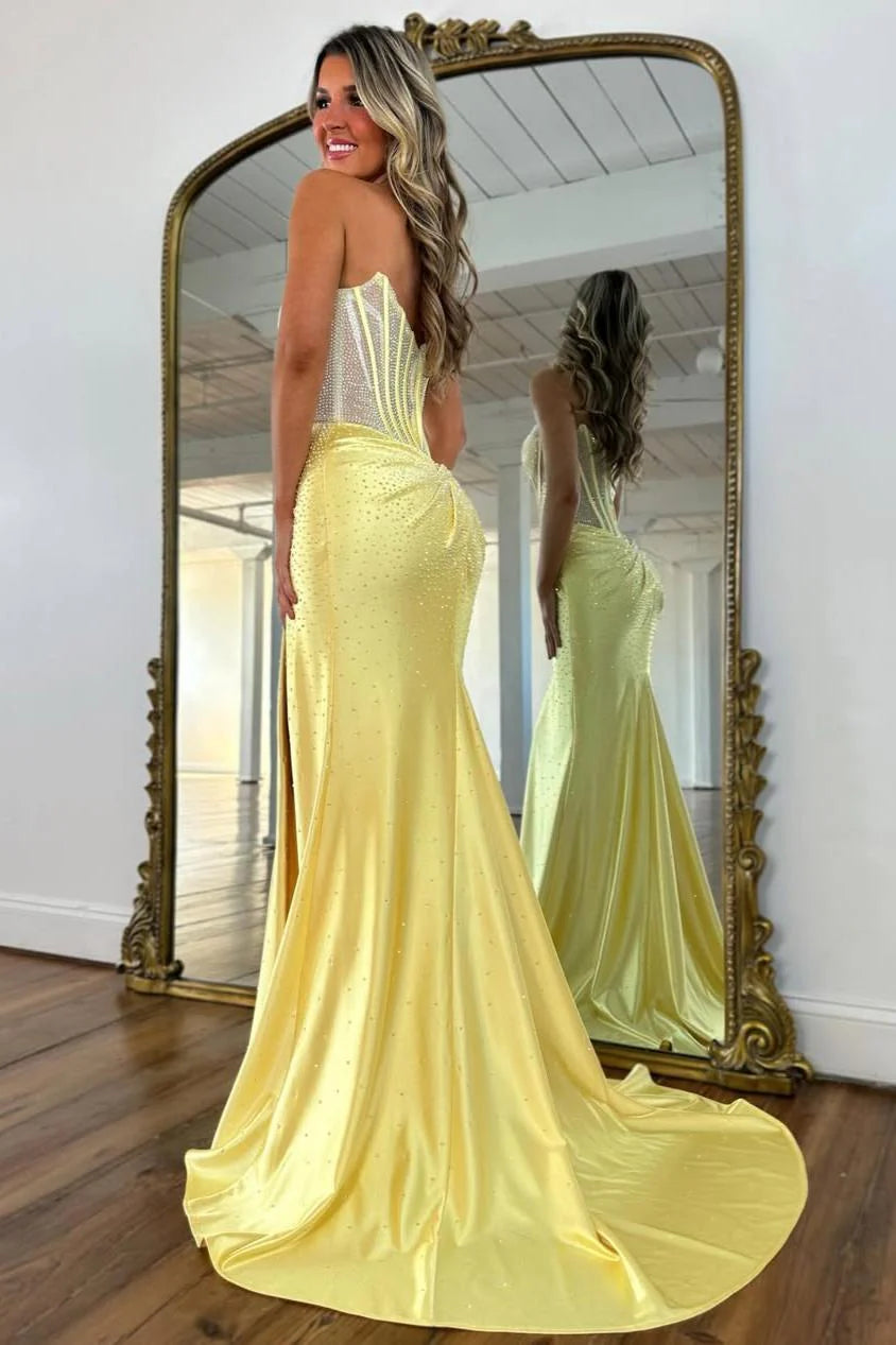 Blush Pink Crystal Beaded Strapless Prom Gown with Corset Bodice & Slit AD081