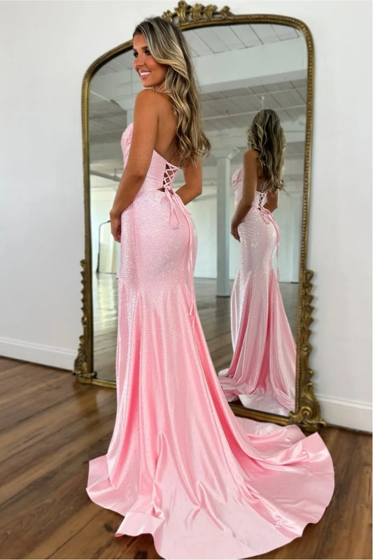 Sparkly Beaded Halter Neck Mermaid Prom Dress with Lace-Up Back AD084