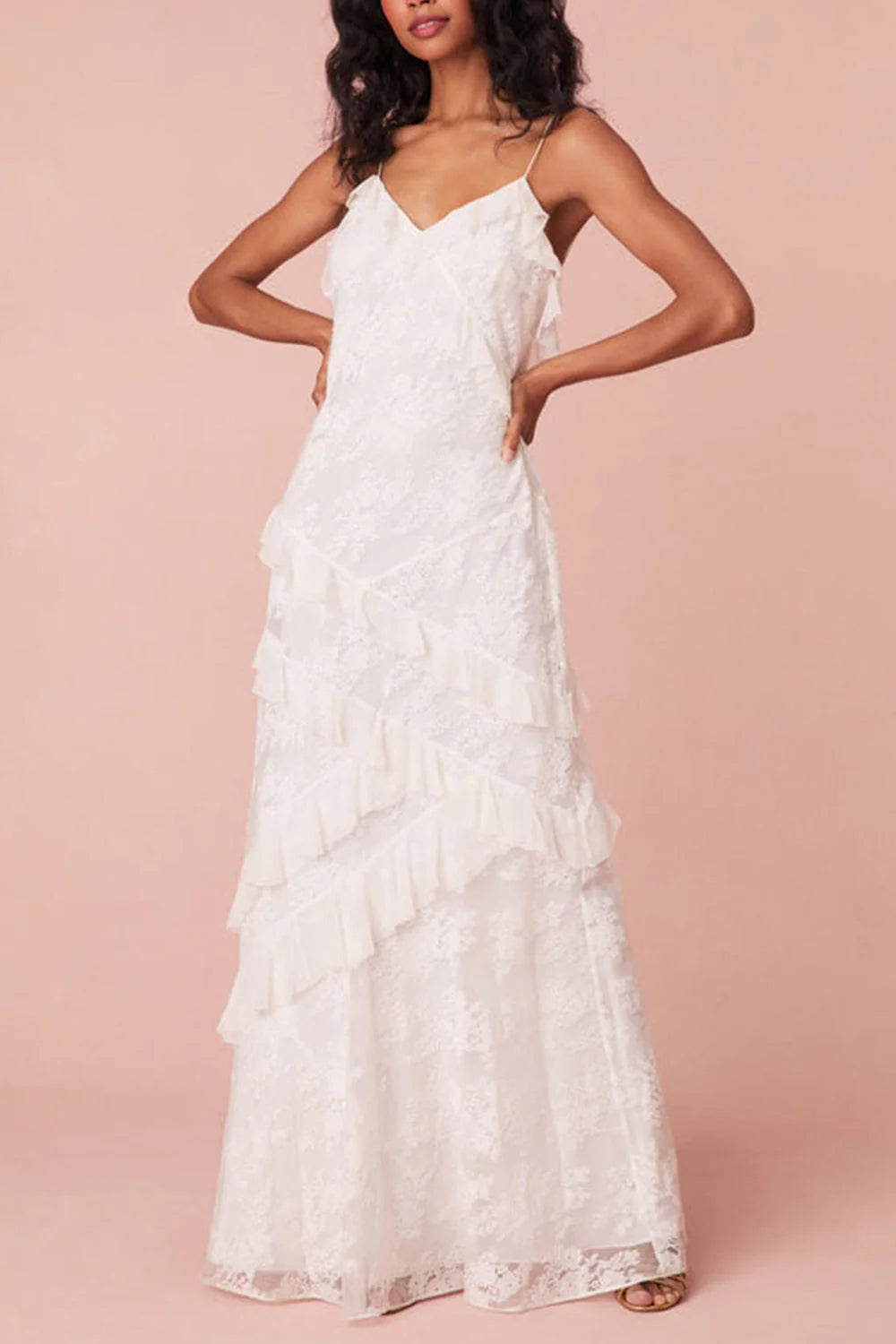 White Sheath Spaghetti Straps Backless Long Dress With Ruffles Graduation Dress AD088