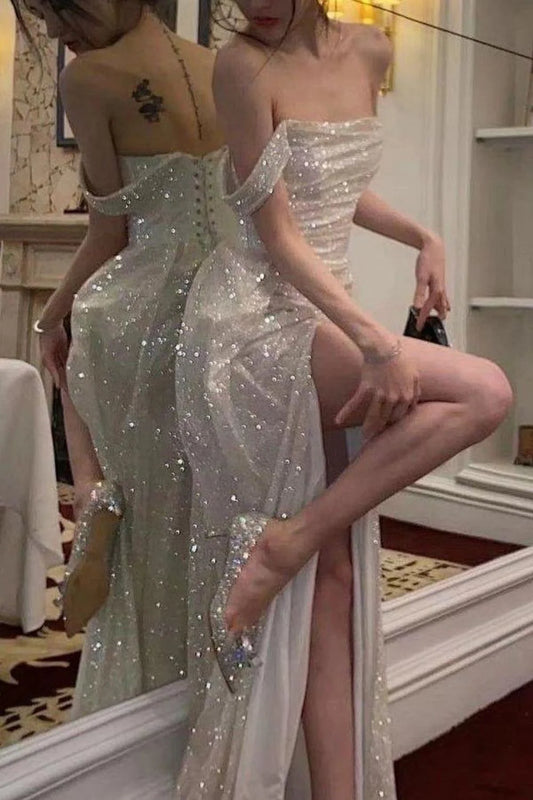 Luxurious Mermaid Off the Shoulder Silver Sequins Long Party Dress With Split Front AD090