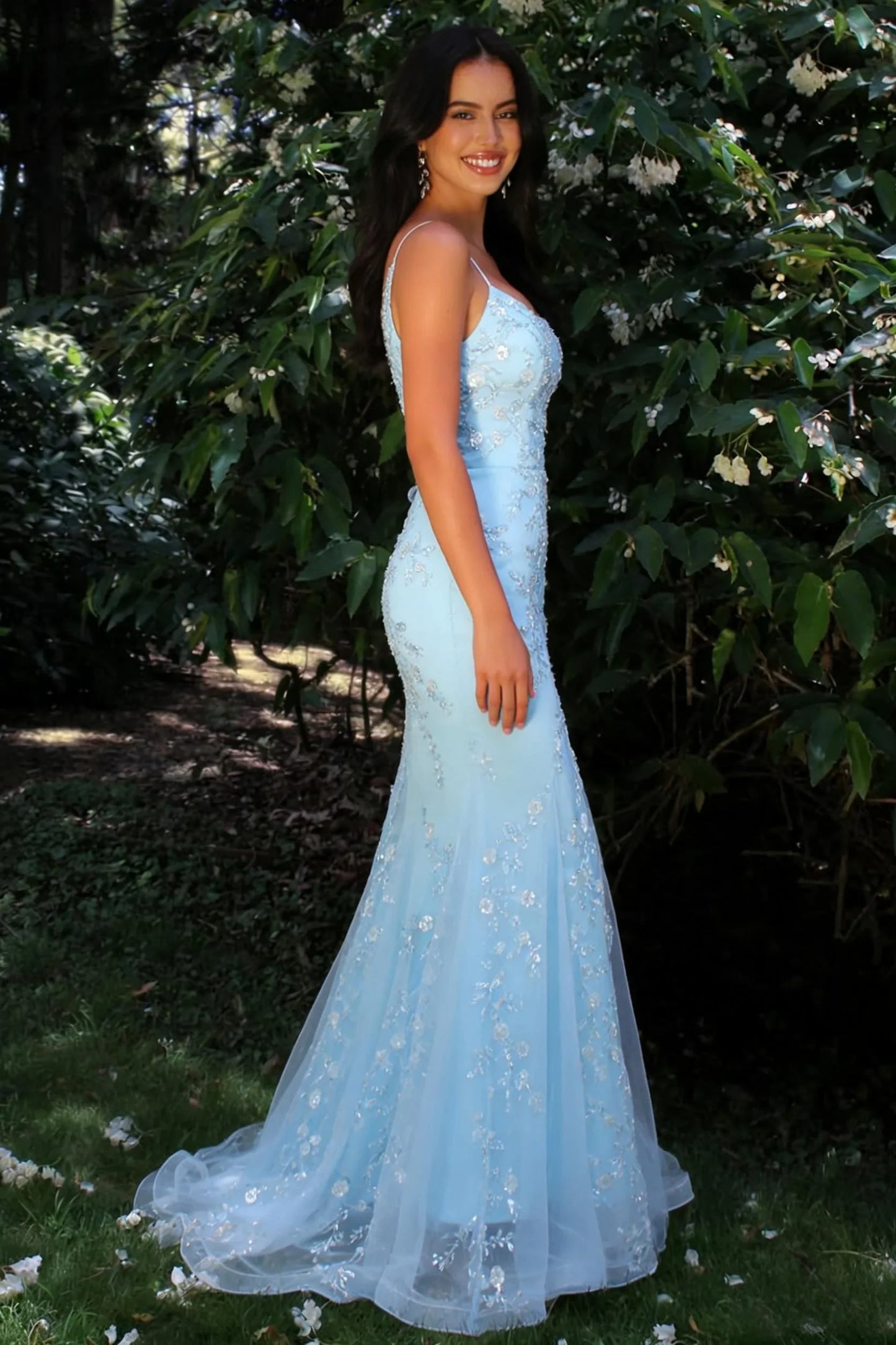 Glitter Light Blue Spaghetti Straps Floral Appliqué Mermaid Prom Dress AD094
