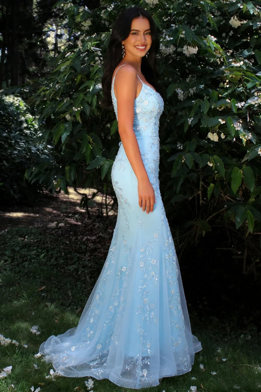 Glitter Light Blue Spaghetti Straps Floral Appliqué Mermaid Prom Dress AD094