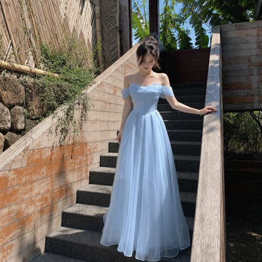 Ethereal Light Blue Off Shoulder Corset Airy Flowy Tulle Floor-Length A Line Prom Dress AD1001