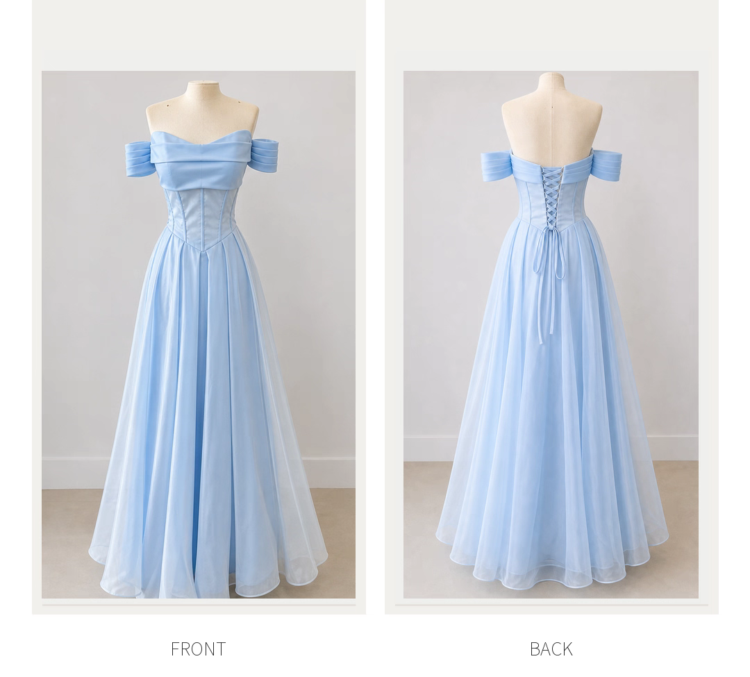Ethereal Light Blue Off Shoulder Corset Airy Flowy Tulle Floor-Length A Line Prom Dress AD1001