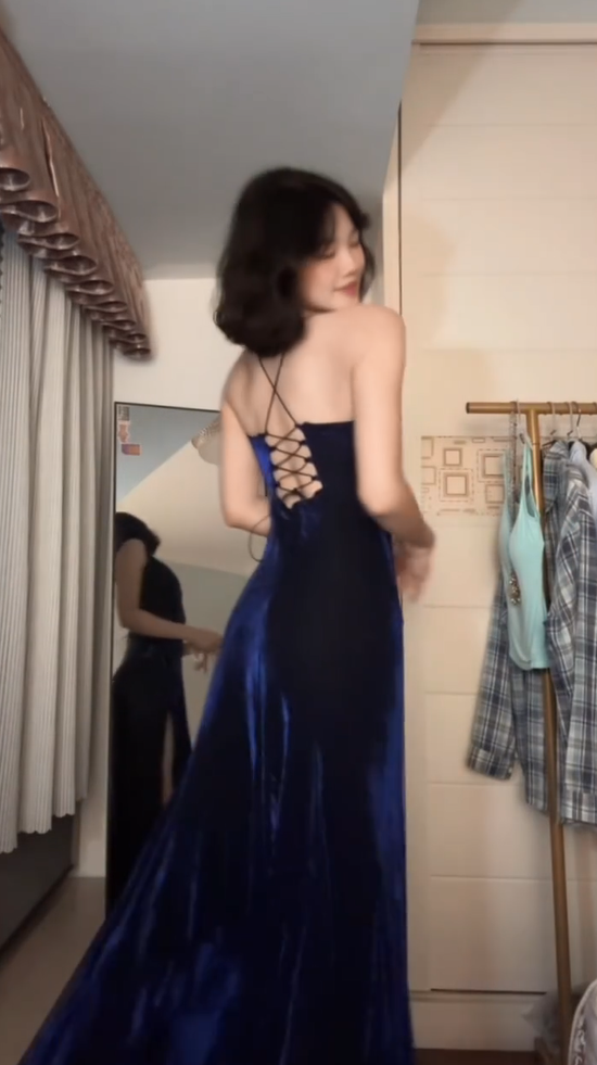 Elegant Navy Spaghetti Strap V Neck Back Lace Up Side High Split Velvet Long Mermaid Prom Dress AD1004