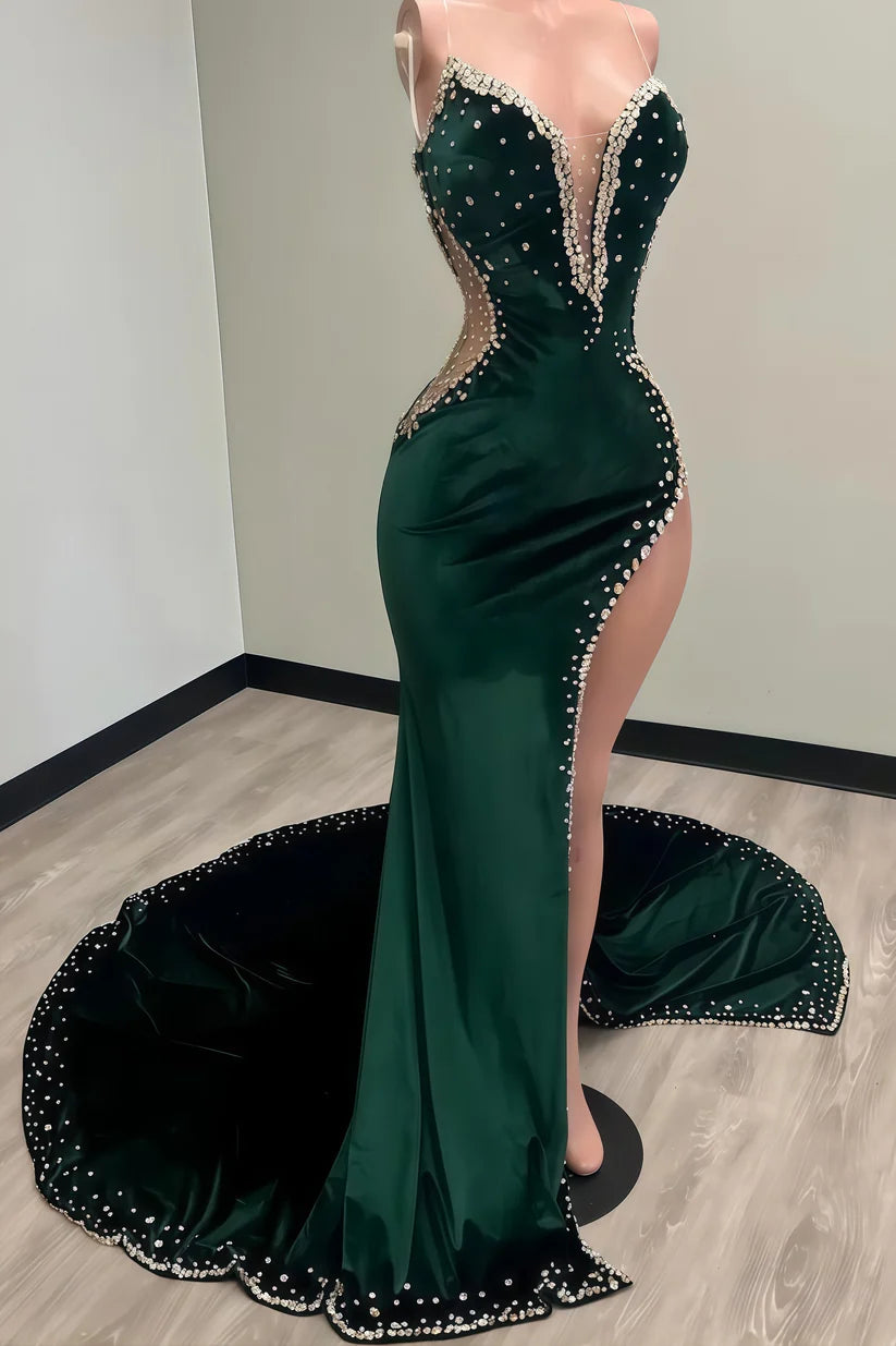 Luxurious Emerald Green Deep V Illusion Neckline Rhinestone Trim High Thigh Chapel Train Mermaid Prom Dress AD1005
