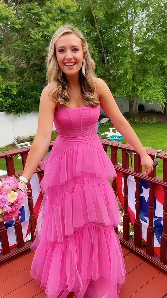 Vibrant Hot Pink Spaghetti Strap Mesh Corset Bodice Tiered Maxi Tulle A Line Long Prom Dress AD1008