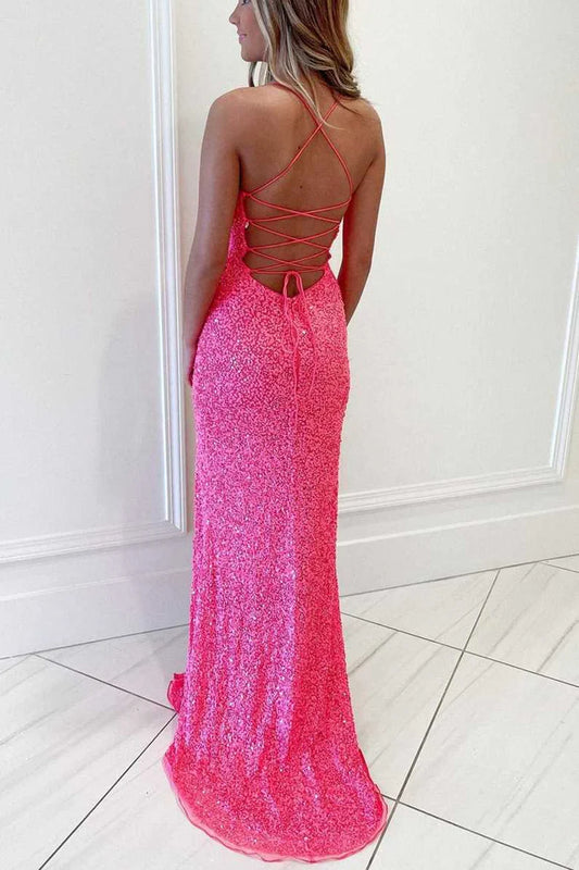 Hot Sale Hot Pink Spaghetti Strap High Slit Crisscross Lace-Up Open Back Sequin Long Mermaid Prom Dress AD1012