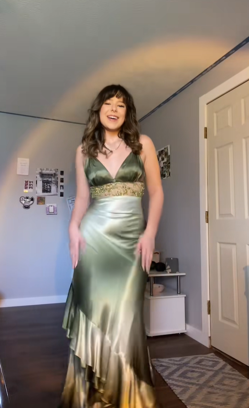 Viral Elegant Gradient Olive Green Tie Strap Deep V Neck Rhinestone Beaded Mesh Waist Satin Uneven Ruffle Hem Mermaid Long Prom Dress AD1016