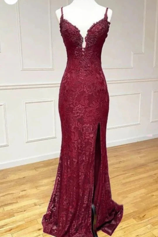 Chic Plum Purple Spaghetti Strap Deep V Floral Lace Applique Long Mermaid Prom Dress AD1019