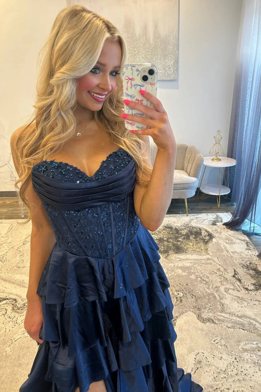 Classic Navy Blue A-Line Sweetheart Corset Prom Dress With Tiered Skirt AD102
