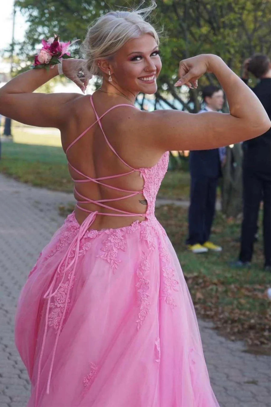 Hot Sale Romantic Pink Spaghetti Strap Floral Lace Appliques Tulle A-Line Long Prom Dress AD1020
