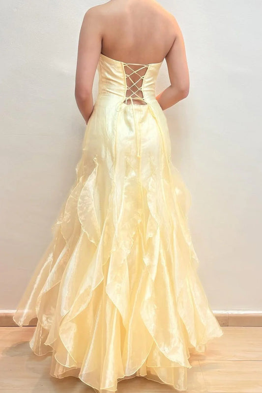 Chic Yellow Strapless Multi-Layer Ruffle Mermaid Long Prom Dress AD1023