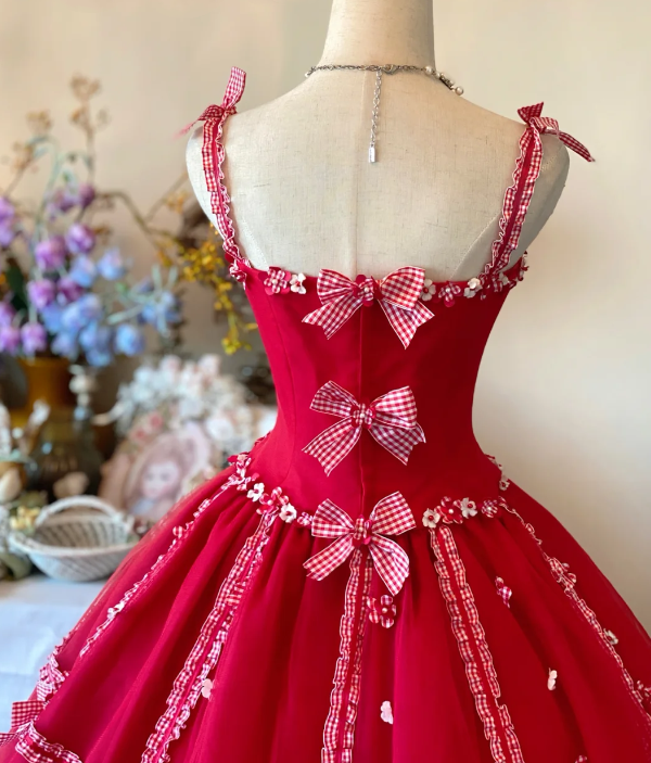 Vintage Lovely Vivid Red Spaghetti Straps Floral Beaded Grid Ribbon Bows Ball Gown A Line Long Prom Dress AD1024