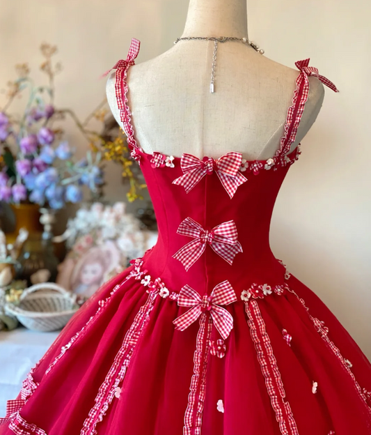 Vintage Lovely Vivid Red Spaghetti Straps Floral Beaded Grid Ribbon Bows Ball Gown A Line Long Prom Dress AD1024