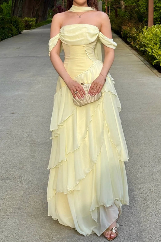 Chic Yellow Off The Shoulder Multi-Layer Ruffled Chiffon High Slit A Line Long Prom Dress With Matching Neck Scarf AD1026