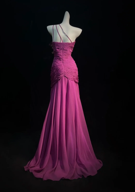 Stunning Fuchsia One Shoulder Ruched Bodice 3D Floral Rhinestone Appliques Mermaid Long Prom Dress AD1027