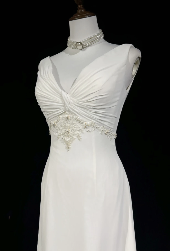 Elegant White Sleeveless V Neck Twist Front Ruched Beading Bodice A Line Long Prom Dress AD1030