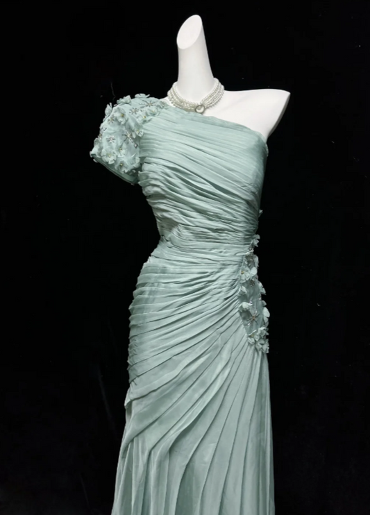 Elegant Sage Green One Shoulder Pleated 3D Floral Appliques Mermaid Long Prom Dress AD1034