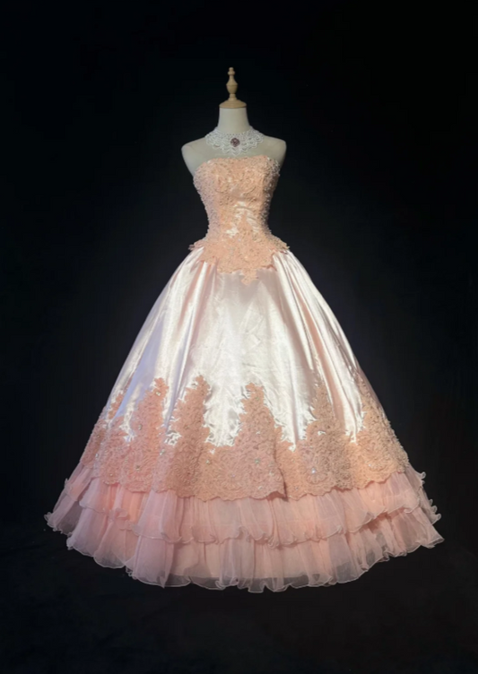 Glam Vintage Blush Two Piece Off Shoulder Floral Lace Appliques Beaded Corset Satin A Line Ball Gown Long Prom Dress AD1035