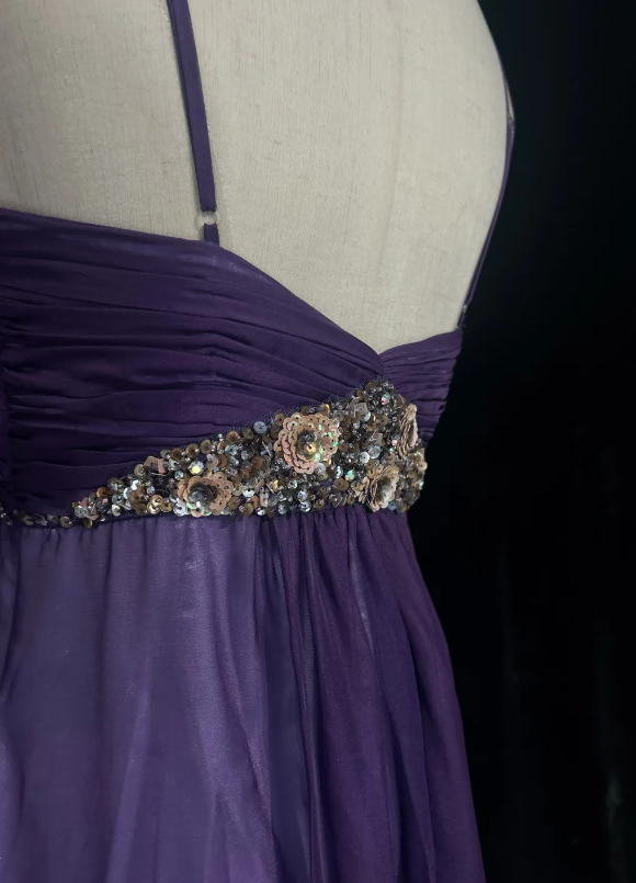 Glam Purple Spaghetti Straps Sweetheart Ruched Bust Floral Sequin Empire Waist A Line Long Prom Dress AD1039