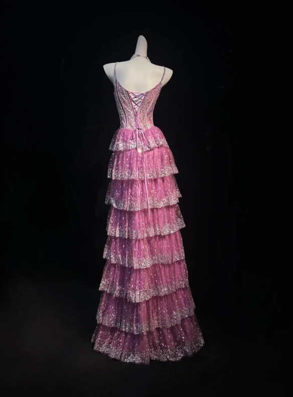 Stunning Hot Pink Spaghetti Straps Rhinestone Beaded Boned Corset Bodice Sparkly Glitter Multi-Tier Tulle A Line Long Prom Dress AD1041