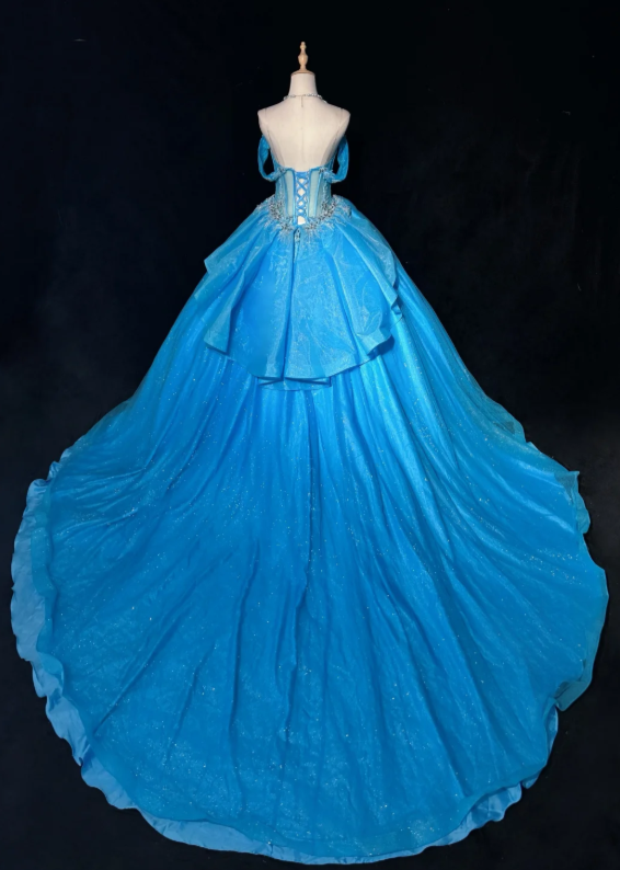 Gorgeous Blue Off The Shoulder Sweetheart Corset Bodice Beaded Floral Appliques Glitter Tulle A-Line Ball Gown Prom Dress With Chapel Train AD1042
