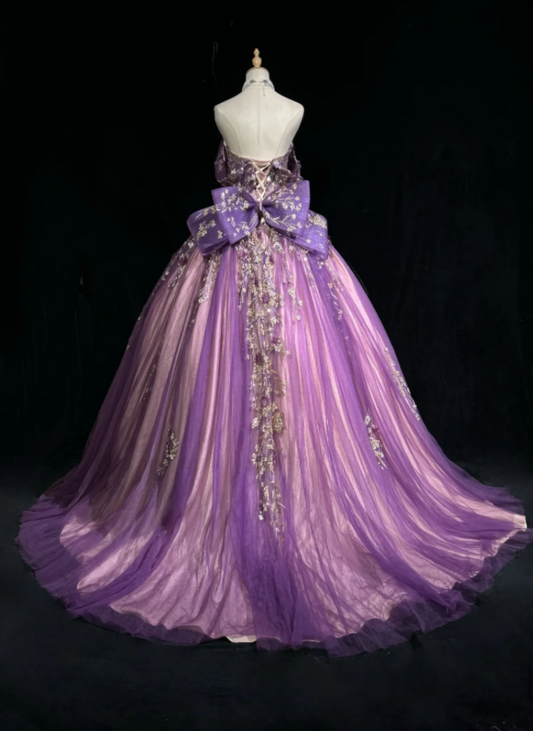 Gorgeous Purple Off The Shoulder Deep V Neck Gitter Gold Floral Appliques Large Bow Back Tulle A-Line Ball Gown Prom Dress With Chapel Train AD1043