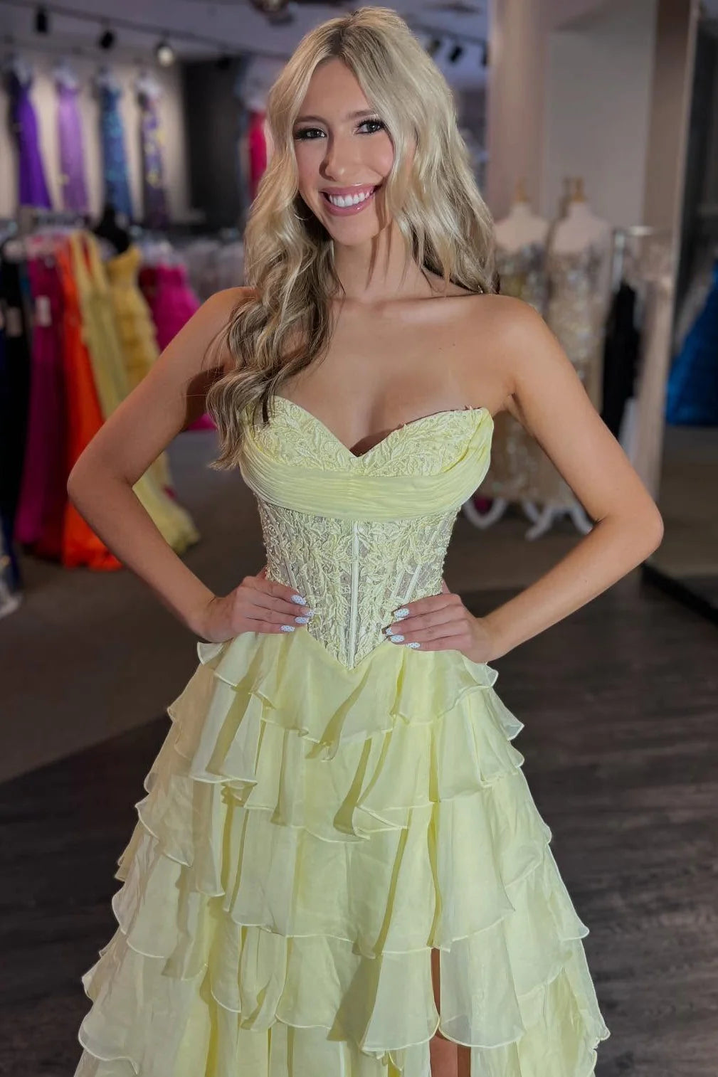 Layered Ruffle A-Line Prom Dress With Embellished Lace Bodice And Leg Slit AD105