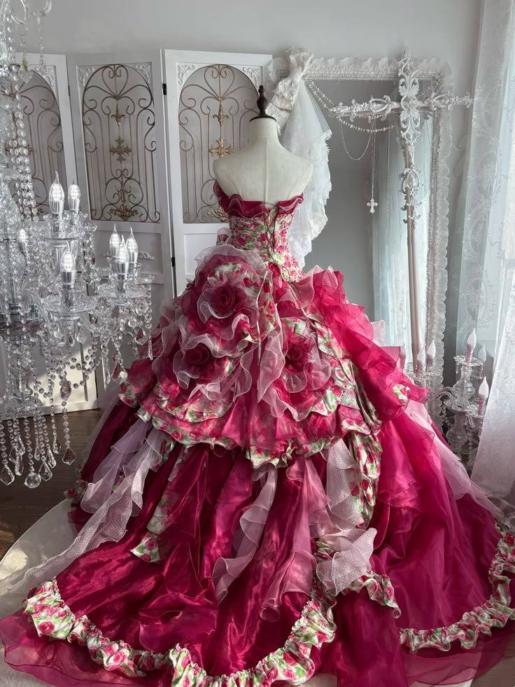 Unique Fuchsia Strapless Floral Printed Bodice 3D Floral Multi-Tier Ruffle Ballgown Prom Dress With Chapel Train AD1051