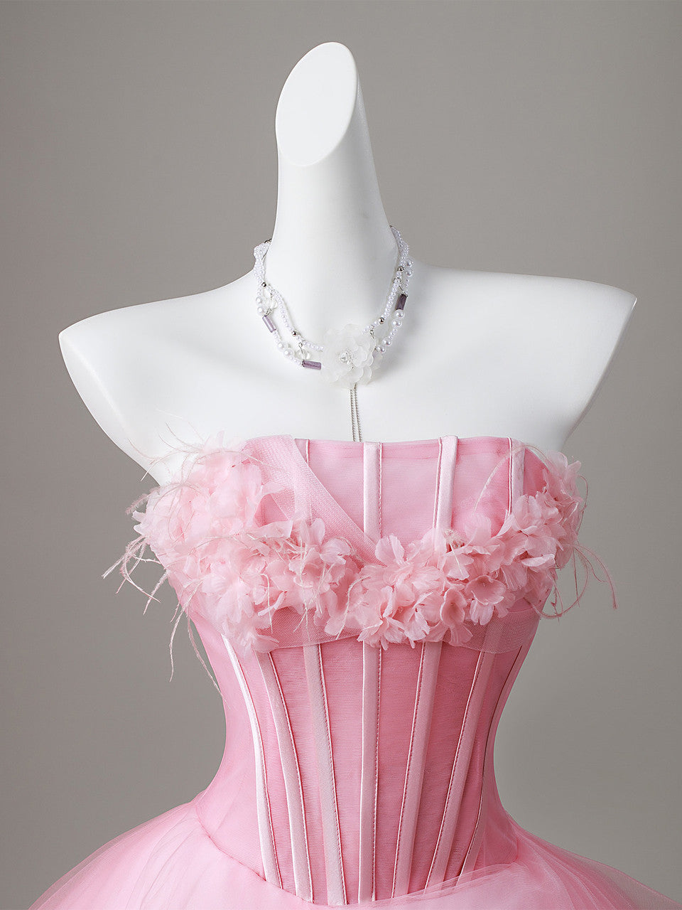 Chic Pink Strapless Corset Bodice Floral Applique Ruffle Tulle A Line Ballgown Long Prom Dress AD1053