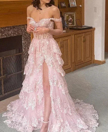 Chic Light Blue Off The Shoulder Corset Sequins Tiered Ruffle High Slit Tulle A Line Long Prom Dress AD1056