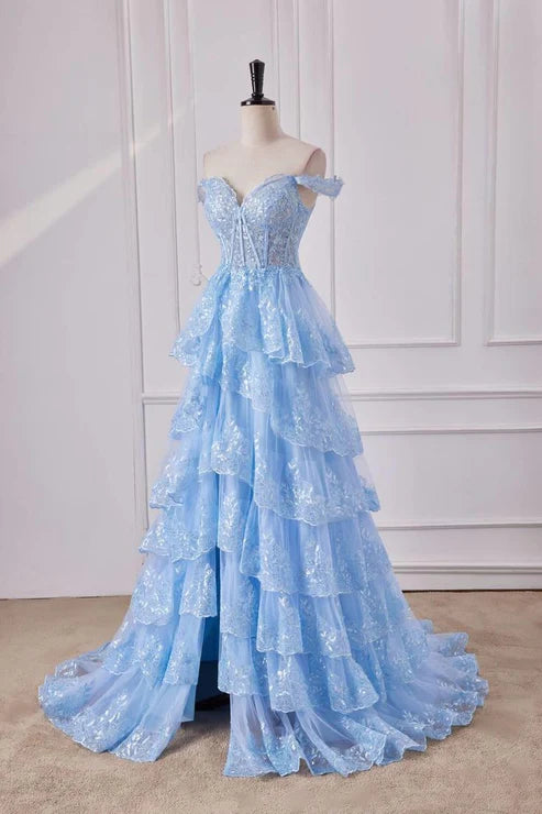 Chic Light Blue Off The Shoulder Corset Sequins Tiered Ruffle High Slit Tulle A Line Long Prom Dress AD1056